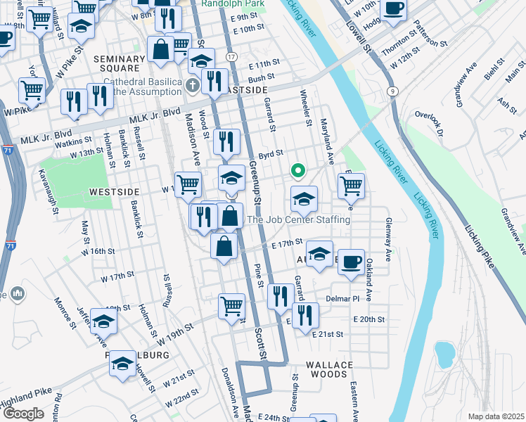 map of restaurants, bars, coffee shops, grocery stores, and more near 1546 Greenup Street in Covington