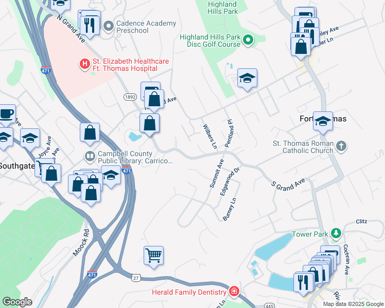 map of restaurants, bars, coffee shops, grocery stores, and more near 216 South Grand Avenue in Fort Thomas