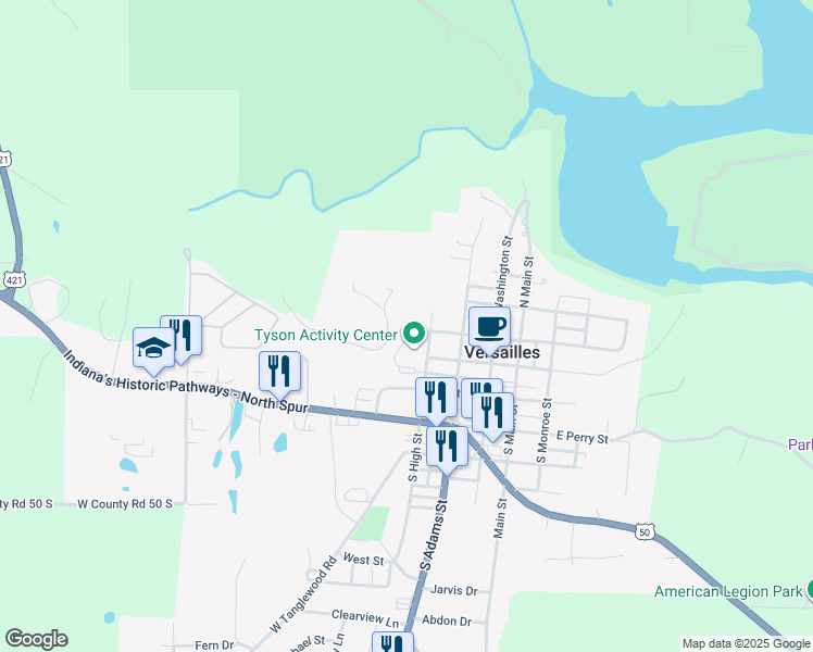 map of restaurants, bars, coffee shops, grocery stores, and more near 422 West 1st North Street in Versailles