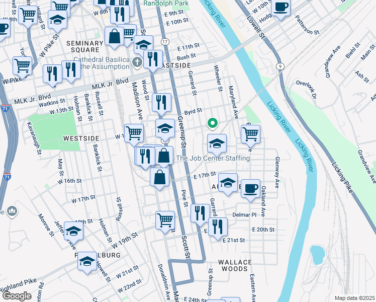 map of restaurants, bars, coffee shops, grocery stores, and more near 1522 Greenup Street in Covington