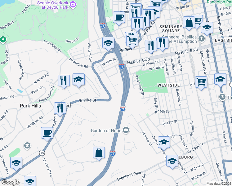 map of restaurants, bars, coffee shops, grocery stores, and more near 1302 Hermes Avenue in Covington
