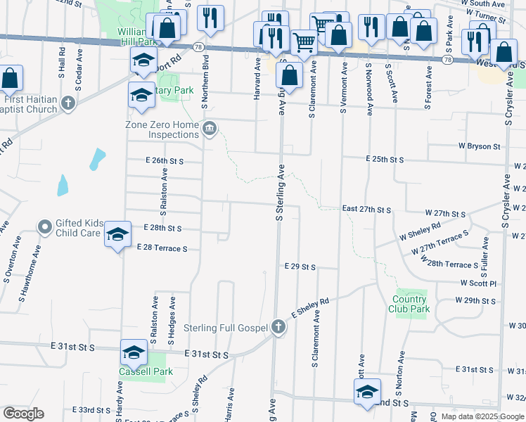 map of restaurants, bars, coffee shops, grocery stores, and more near 11128 East 27th Street South in Independence
