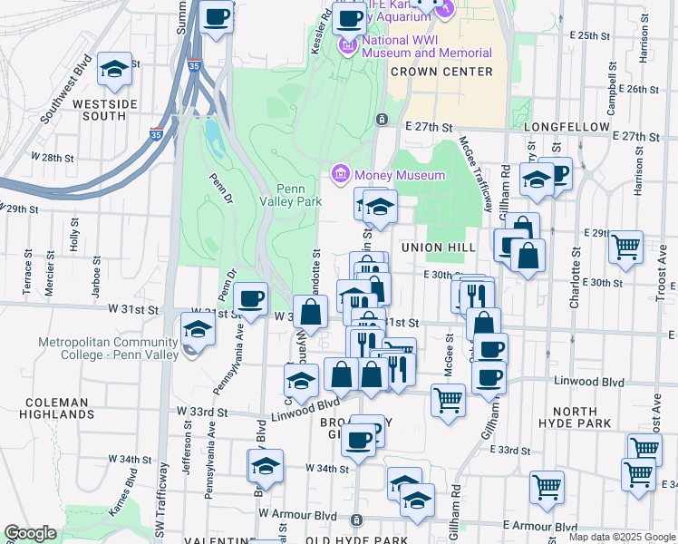 map of restaurants, bars, coffee shops, grocery stores, and more near 2940 Baltimore Avenue in Kansas City