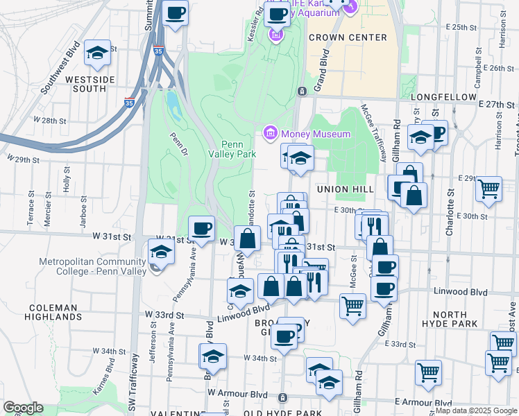 map of restaurants, bars, coffee shops, grocery stores, and more near 2940 Baltimore Avenue in Kansas City