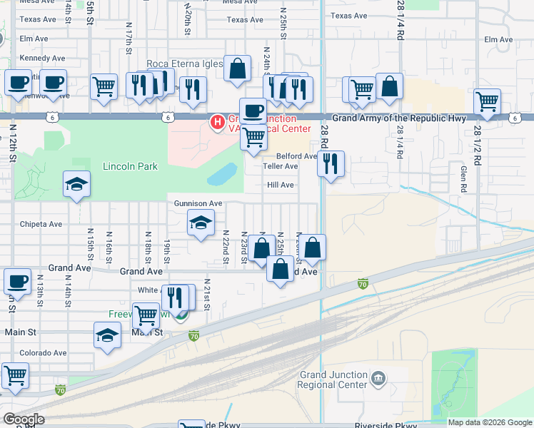map of restaurants, bars, coffee shops, grocery stores, and more near 2420 Gunnison Avenue in Grand Junction