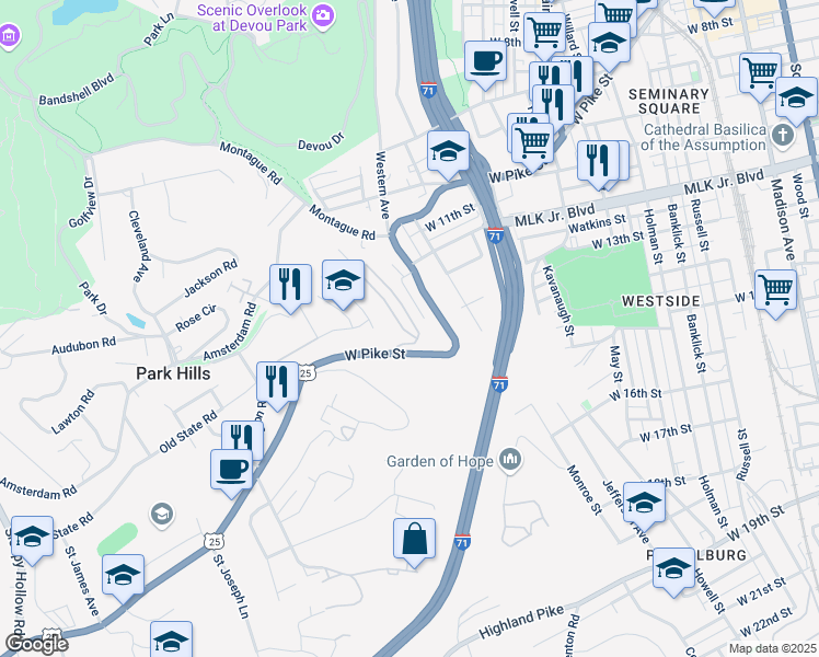 map of restaurants, bars, coffee shops, grocery stores, and more near 1211 Southgate Street in Covington
