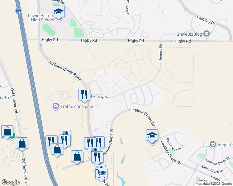 map of restaurants, bars, coffee shops, grocery stores, and more near Roaming Elk Drive in Monument