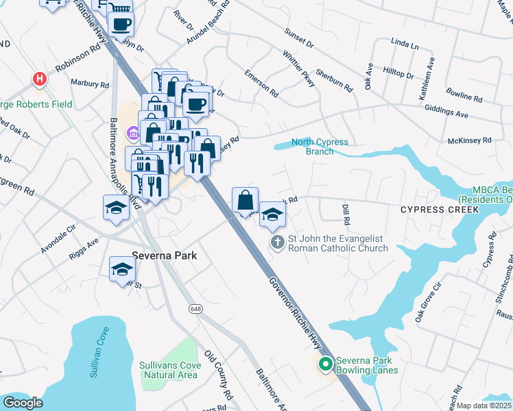 map of restaurants, bars, coffee shops, grocery stores, and more near 28 Cypress Creek Road in Severna Park
