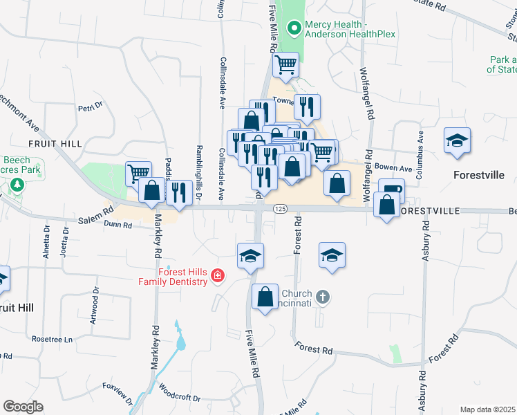 map of restaurants, bars, coffee shops, grocery stores, and more near Beechmont Ave & Five Mile Rd in Cincinnati
