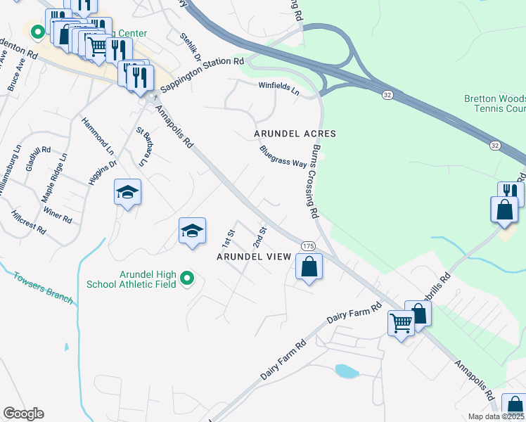 map of restaurants, bars, coffee shops, grocery stores, and more near 962 Annapolis Road in Gambrills