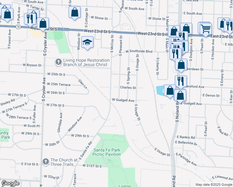 map of restaurants, bars, coffee shops, grocery stores, and more near 1601 South Pleasant Street in Independence