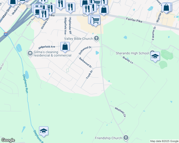 map of restaurants, bars, coffee shops, grocery stores, and more near 116 Trunk Drive in Stephens City