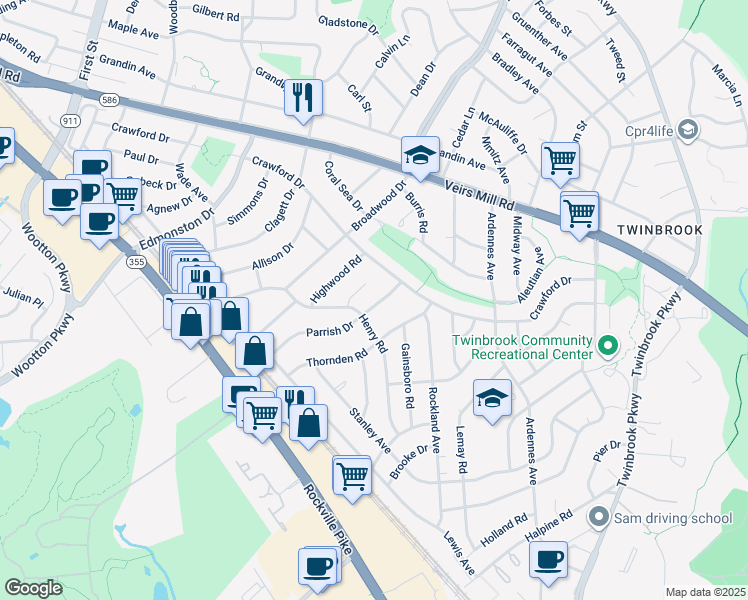 map of restaurants, bars, coffee shops, grocery stores, and more near 1204 Parrish Drive in Rockville