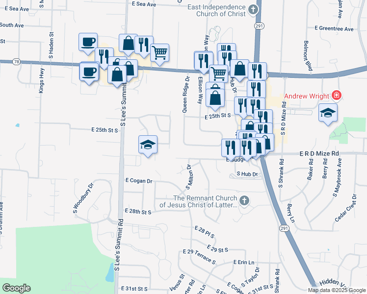 map of restaurants, bars, coffee shops, grocery stores, and more near 2512 Queen Ridge Drive in Independence