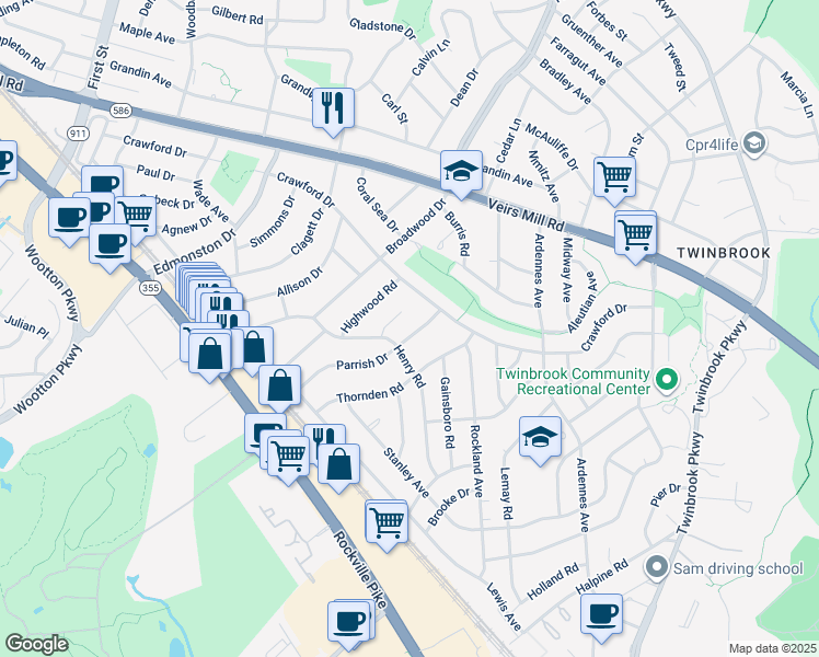 map of restaurants, bars, coffee shops, grocery stores, and more near 1204 Parrish Drive in Rockville