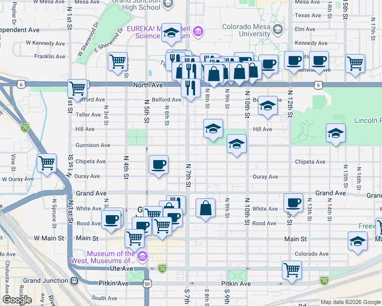 map of restaurants, bars, coffee shops, grocery stores, and more near 685 Gunnison Avenue in Grand Junction