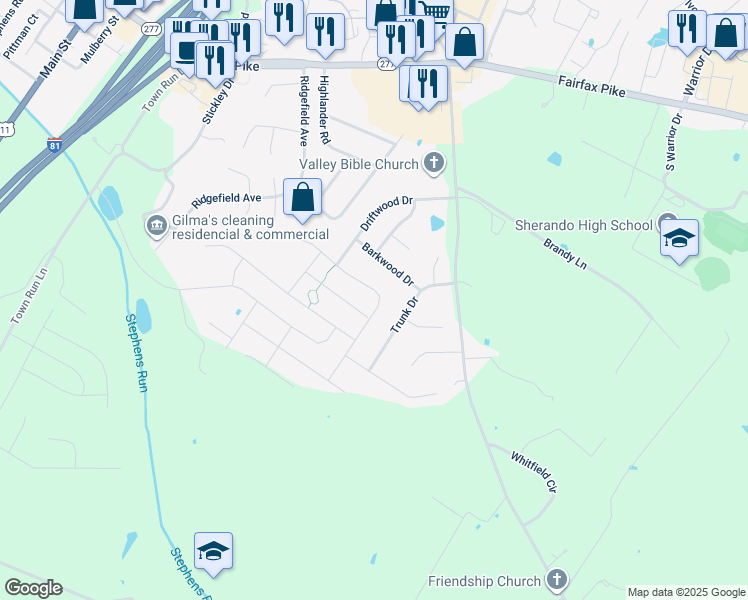 map of restaurants, bars, coffee shops, grocery stores, and more near 136 Littlewing Way in Stephens City