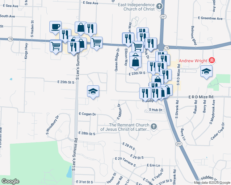 map of restaurants, bars, coffee shops, grocery stores, and more near 2512 Queen Ridge Drive in Independence