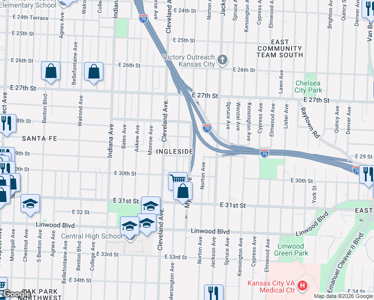 map of restaurants, bars, coffee shops, grocery stores, and more near 2837 Mersington Avenue in Kansas City