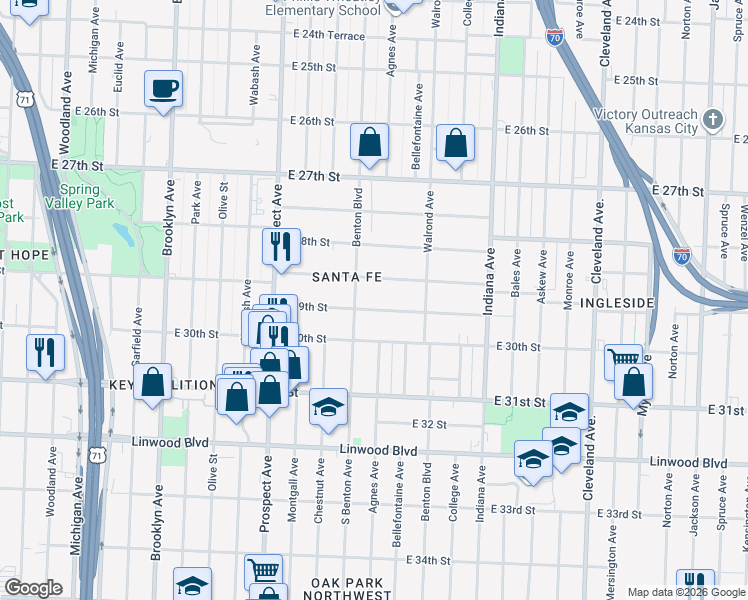 map of restaurants, bars, coffee shops, grocery stores, and more near 2921 Victor Street in Kansas City