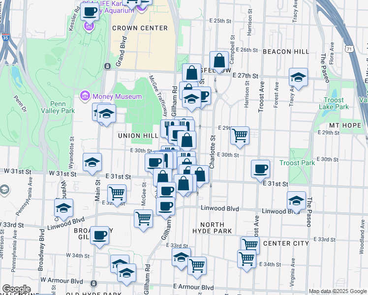 map of restaurants, bars, coffee shops, grocery stores, and more near 2924 Cherry Street in Kansas City