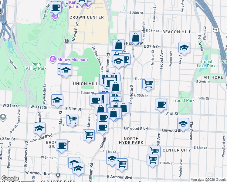 map of restaurants, bars, coffee shops, grocery stores, and more near 2924 Cherry Street in Kansas City