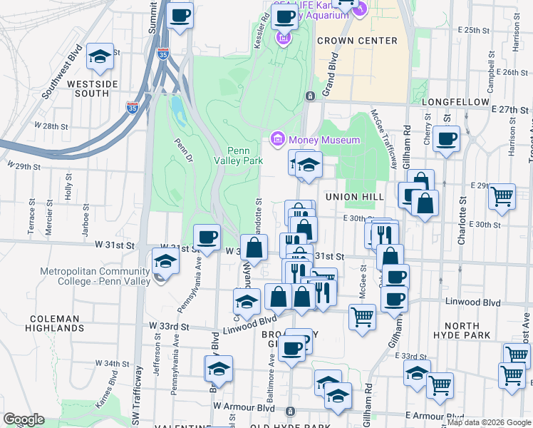 map of restaurants, bars, coffee shops, grocery stores, and more near 2940 Baltimore Avenue in Kansas City