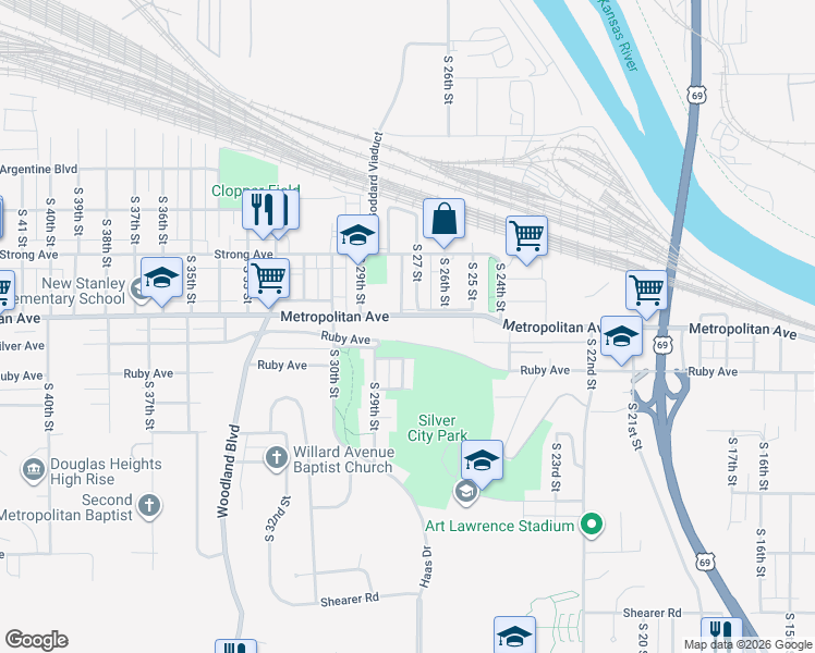 map of restaurants, bars, coffee shops, grocery stores, and more near 1446 South 27 Street in Kansas City