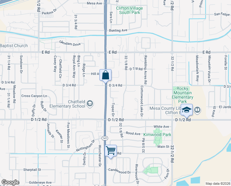 map of restaurants, bars, coffee shops, grocery stores, and more near 3211 D 3/4 Road in Clifton