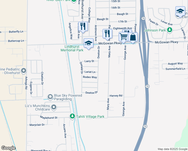 map of restaurants, bars, coffee shops, grocery stores, and more near 1613 Rodeo Way in Olivehurst