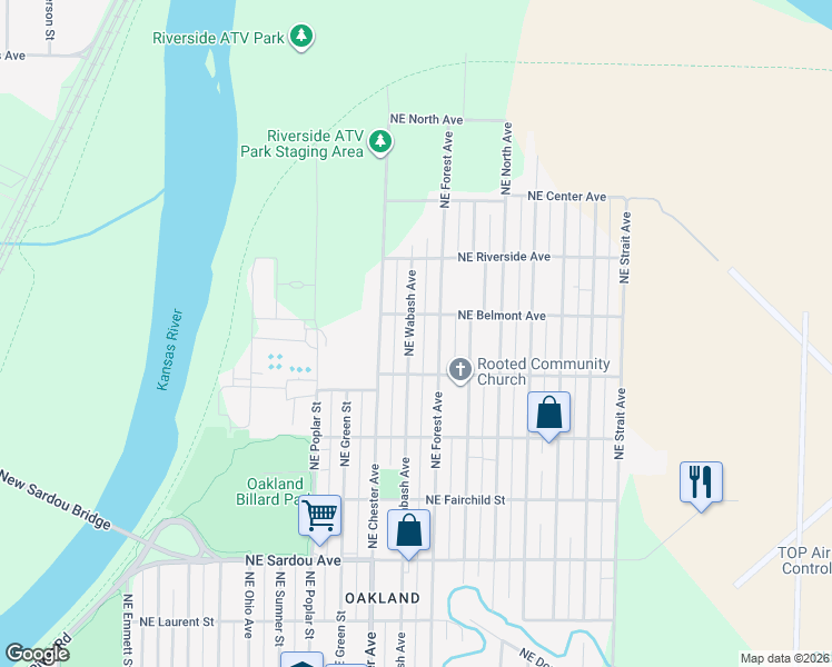 map of restaurants, bars, coffee shops, grocery stores, and more near 1147 Northeast Forest Avenue in Topeka