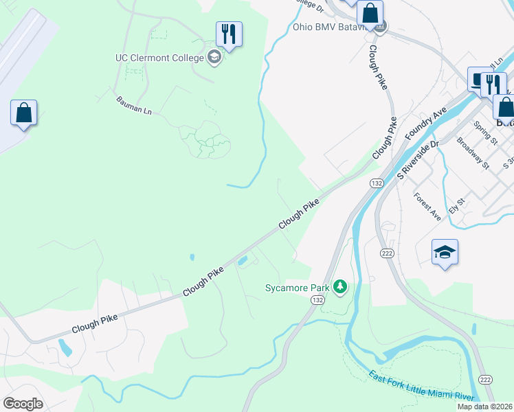 map of restaurants, bars, coffee shops, grocery stores, and more near 1800 Clough Pike in Batavia