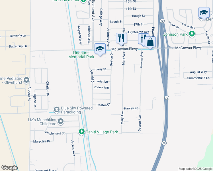 map of restaurants, bars, coffee shops, grocery stores, and more near 1613 Rodeo Way in Olivehurst