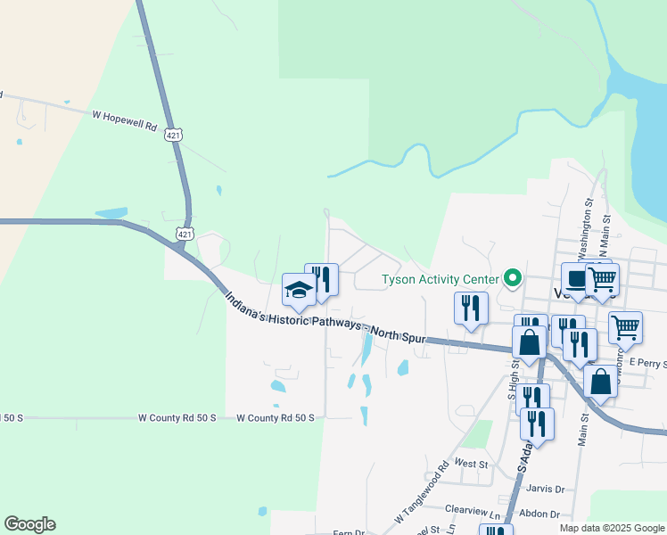 map of restaurants, bars, coffee shops, grocery stores, and more near 301 Gaslight Drive in Versailles