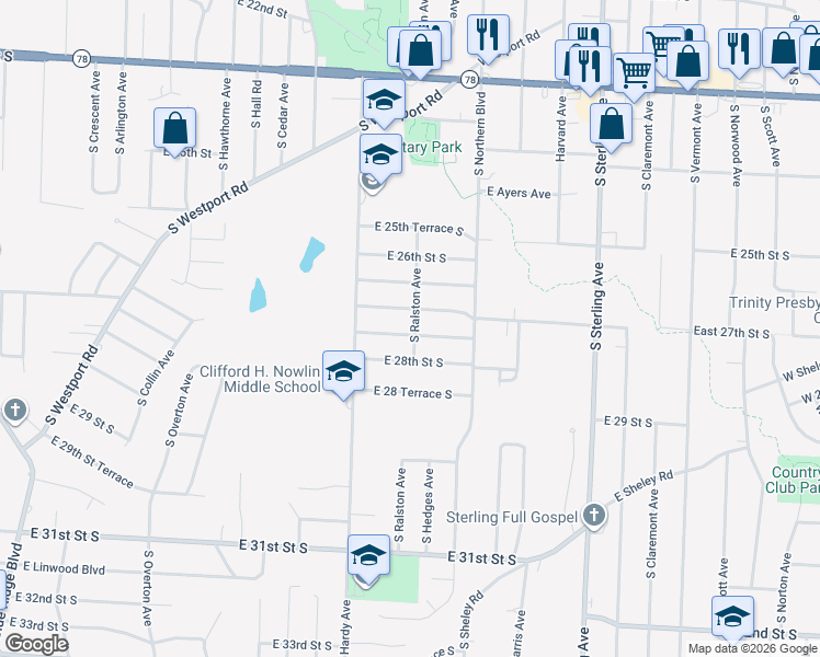 map of restaurants, bars, coffee shops, grocery stores, and more near 10517 East 27th Street South in Independence
