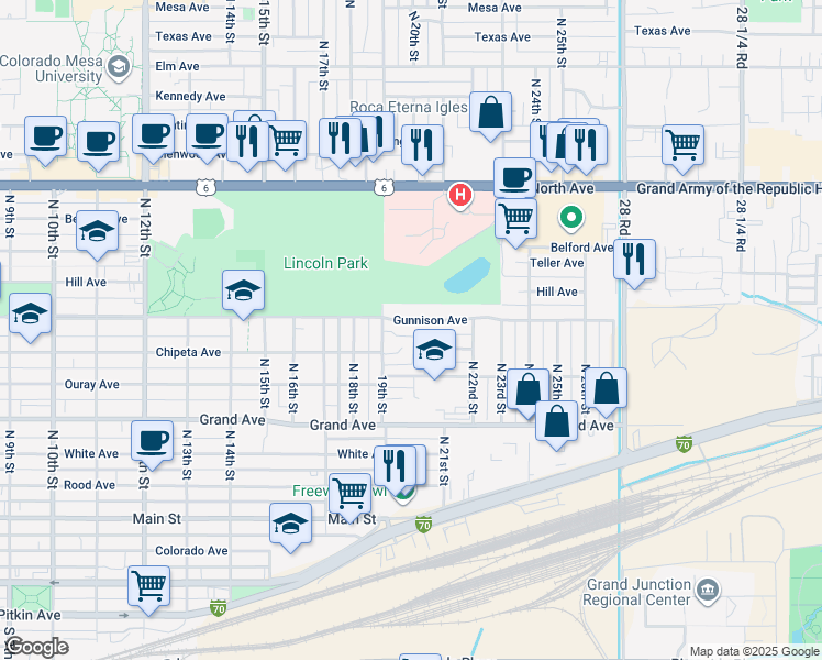 map of restaurants, bars, coffee shops, grocery stores, and more near 2012 Gunnison Avenue in Grand Junction
