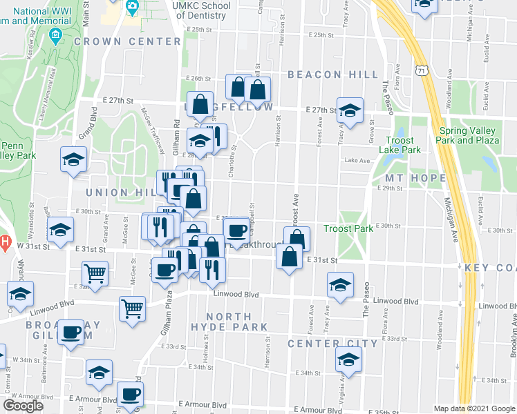 map of restaurants, bars, coffee shops, grocery stores, and more near 2919 Campbell Street in Kansas City