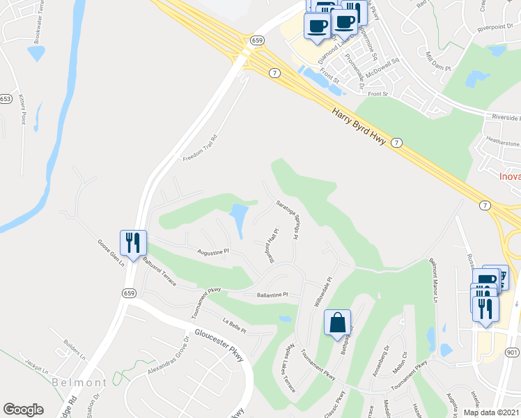 map of restaurants, bars, coffee shops, grocery stores, and more near 43416 Blantyre Court in Ashburn