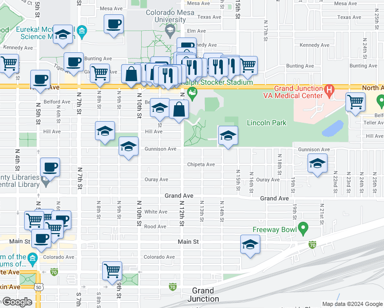 map of restaurants, bars, coffee shops, grocery stores, and more near 1241 Gunnison Avenue in Grand Junction