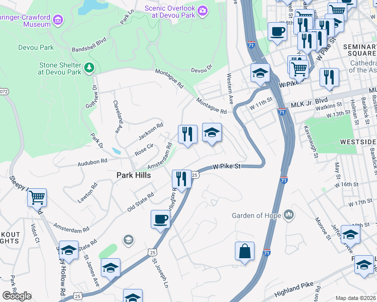 map of restaurants, bars, coffee shops, grocery stores, and more near in Park Hills