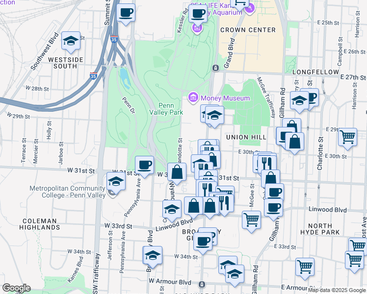 map of restaurants, bars, coffee shops, grocery stores, and more near 2940 Baltimore Avenue in Kansas City