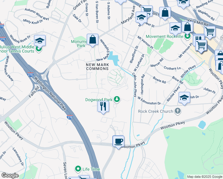 map of restaurants, bars, coffee shops, grocery stores, and more near 854 Monroe Street in Rockville