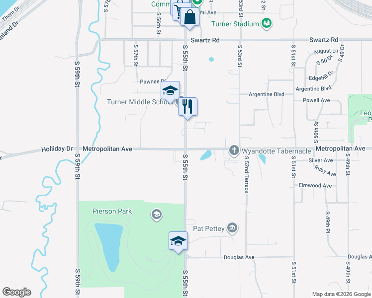 map of restaurants, bars, coffee shops, grocery stores, and more near Metropolitan Ave & S 55th St in Kansas City