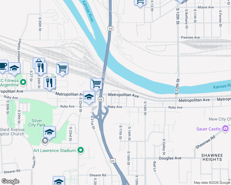 map of restaurants, bars, coffee shops, grocery stores, and more near 1602 South 17th Street in Kansas City