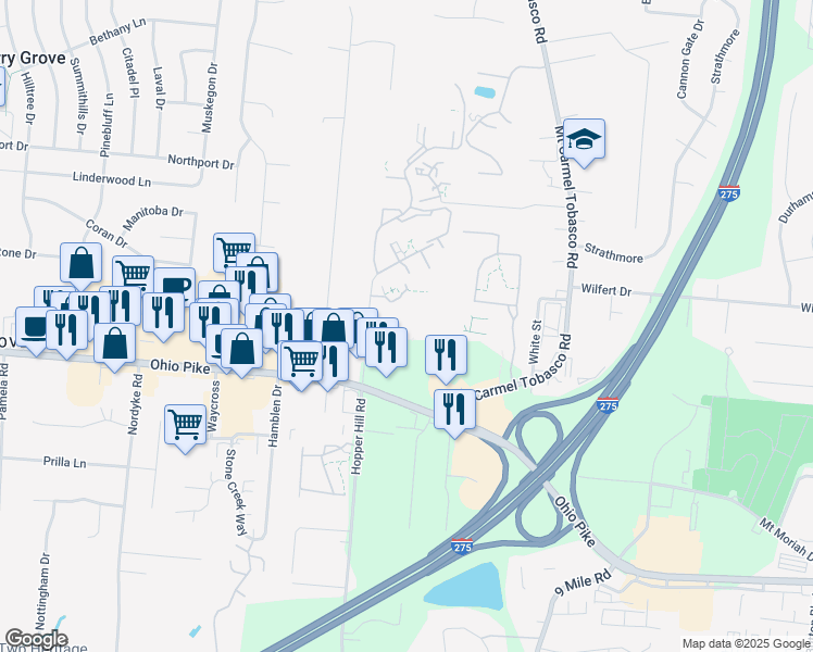 map of restaurants, bars, coffee shops, grocery stores, and more near 520 Ohio Pike in Cincinnati