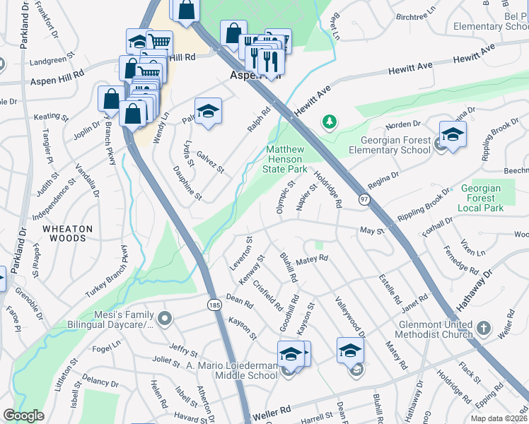 map of restaurants, bars, coffee shops, grocery stores, and more near 13207 Bluhill Road in Silver Spring