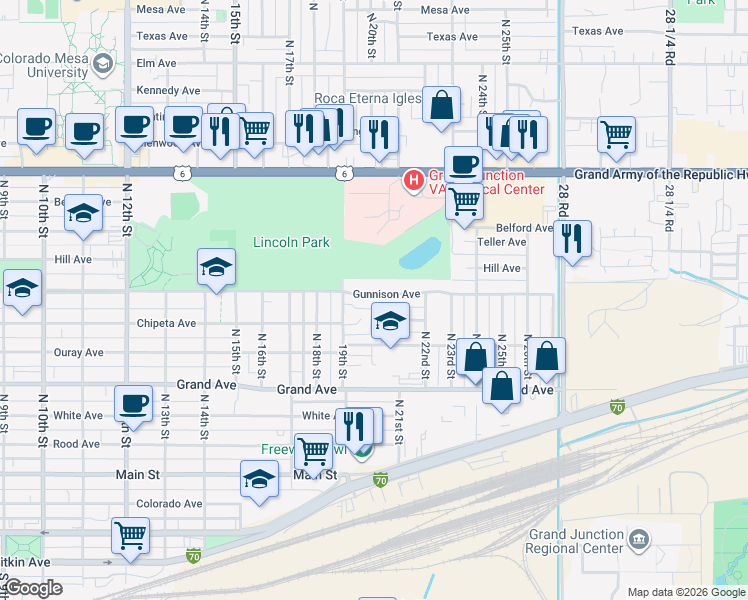 map of restaurants, bars, coffee shops, grocery stores, and more near 2012 Gunnison Avenue in Grand Junction