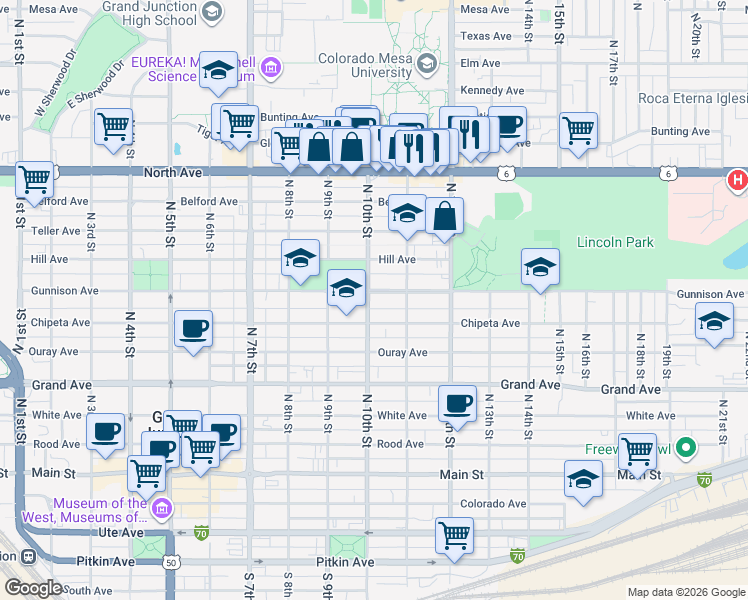 map of restaurants, bars, coffee shops, grocery stores, and more near 1040 Gunnison Ave in Grand Junction