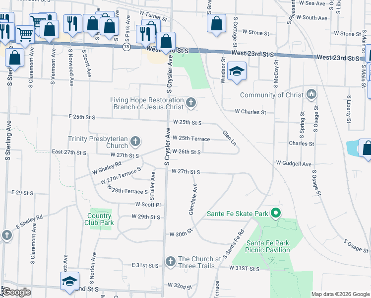 map of restaurants, bars, coffee shops, grocery stores, and more near 1213 West 25th Terrace in Independence