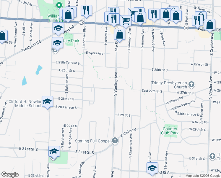 map of restaurants, bars, coffee shops, grocery stores, and more near 11128 East 27th Street South in Independence